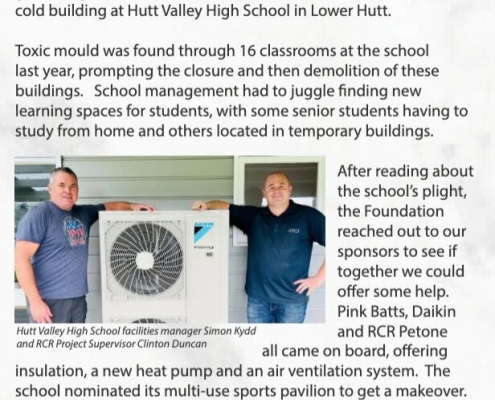 A description of ARFNZ/RCR sponsorship for Hutt Valley High School